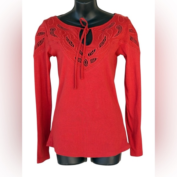 Free People womens Red/Orange crochet Embroidered Yoke Stretch Cotton tee top - Picture 3 of 9